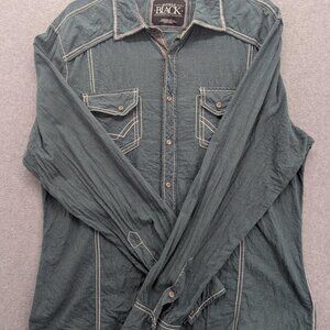 Buckle Black Shirt Mens Large Green Athletic Fit Western Contrast Pearl Snap